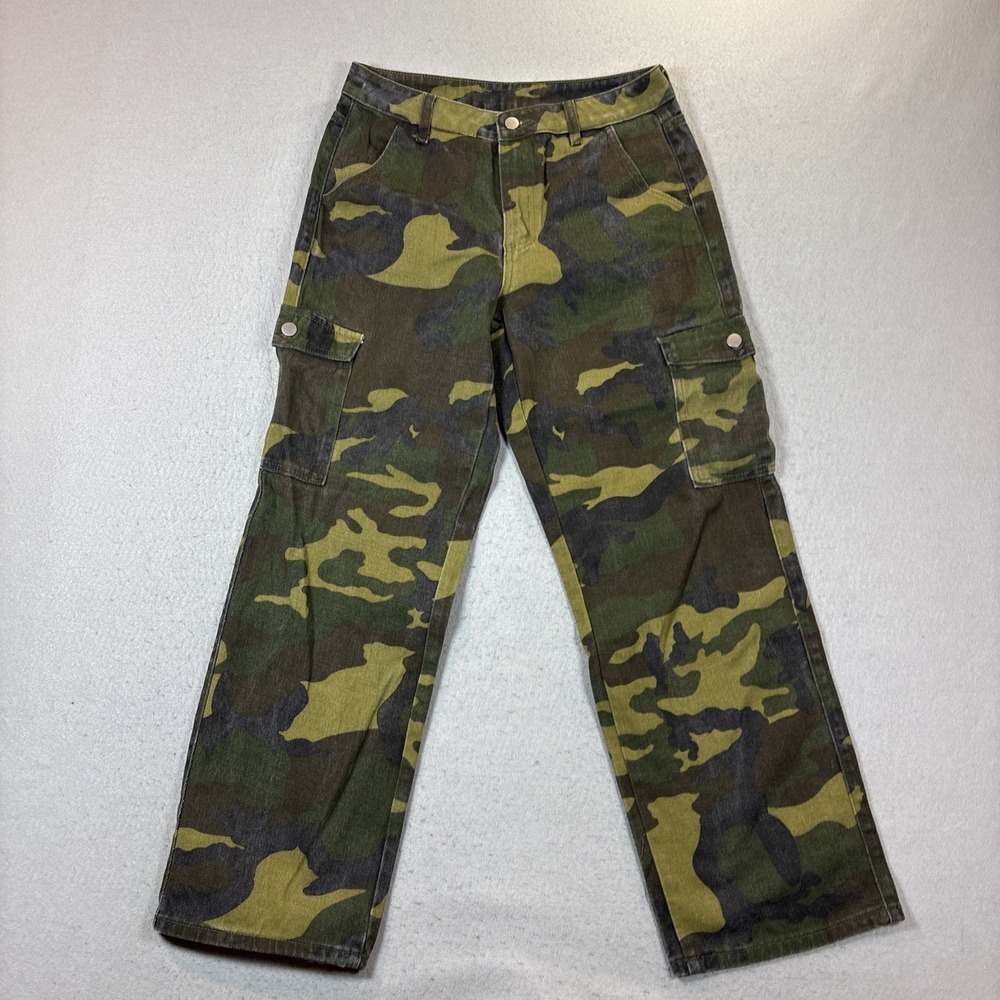 SHEIN Wide Leg Camo Camouflage Cargo Pocket Jeans‎ Denim Women Green Sz L Petite